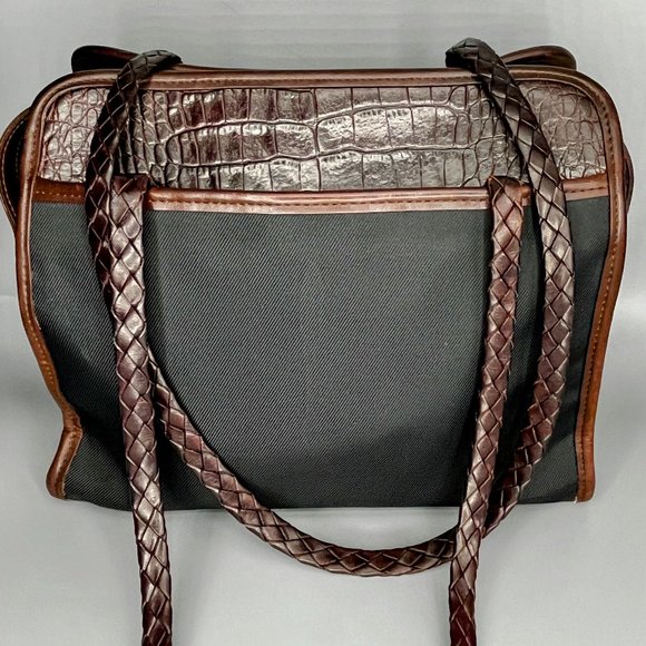 BRIGHTON  BLACK NYLON CROC BROWN EMBOSSED LEATHER SHOULDER DOUBLE BRAIDED STRAPS - Picture 2 of 12